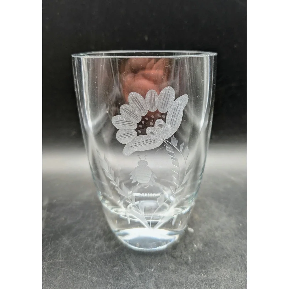 Orrefors Sweden Etched Crystal Vase Floral Bee Signed Scandinavian Art Glass